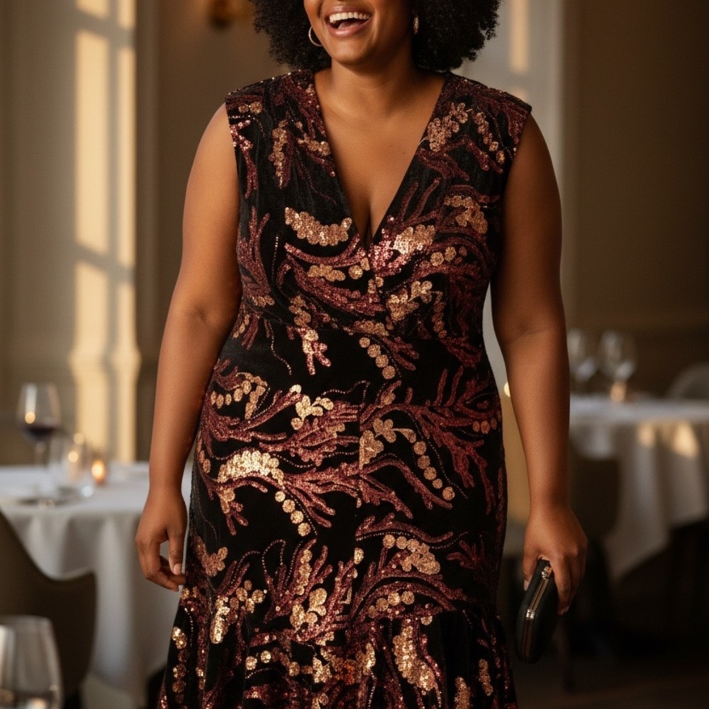 Eva Franco Black and Gold Embellished Midi Dress